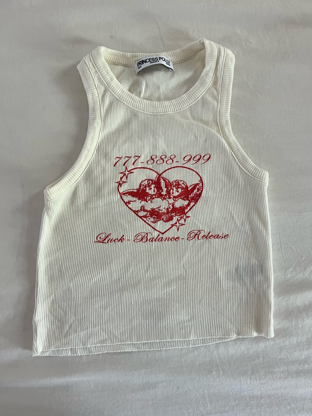 Princess Polly Cream Ribbed Tank with Red Heart Graphic, XS